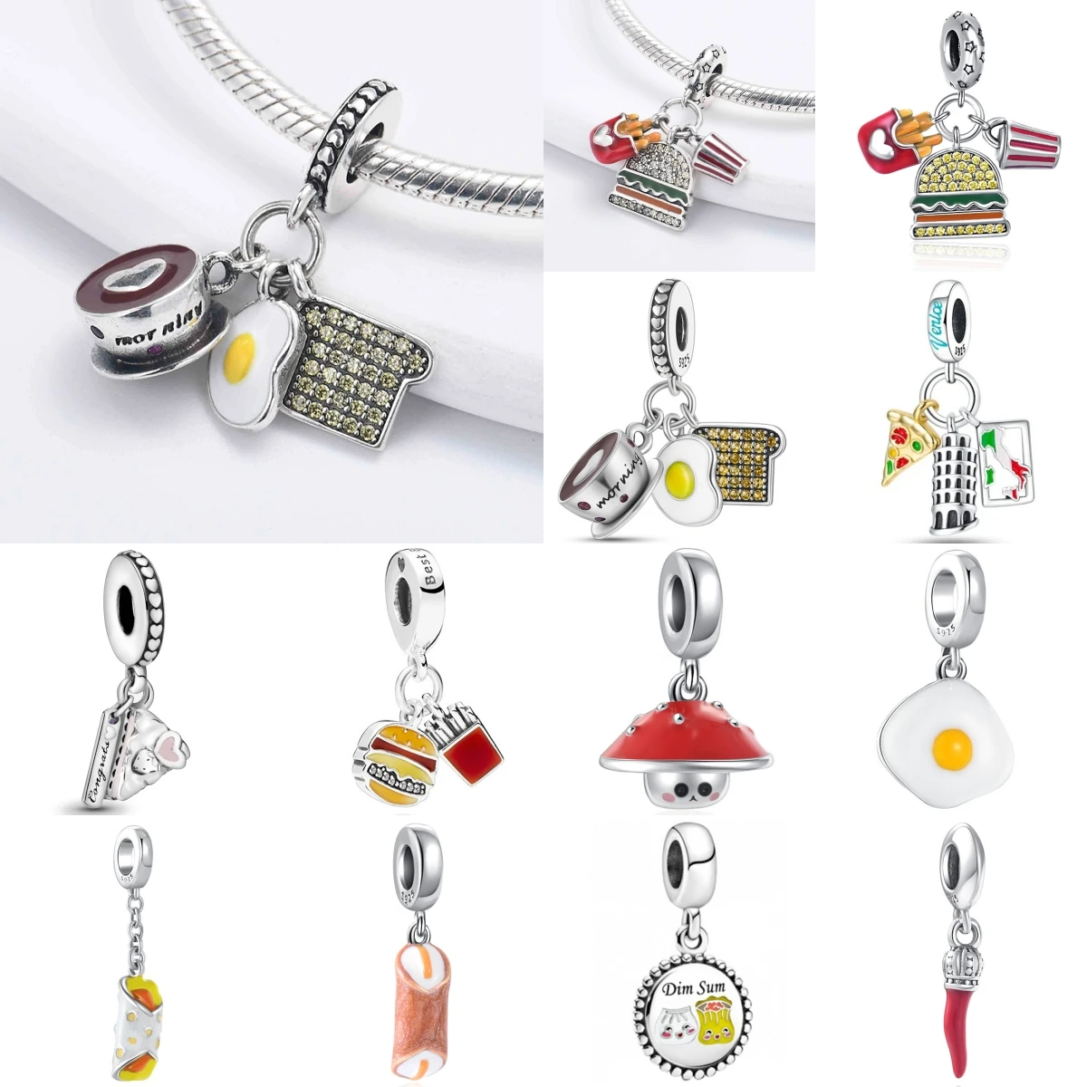 

Hot-selling 925 Silver Pizza Burger Hot dog Suitable for European Original Bracelet DIY Accessories Women's Exquisite Jewelry