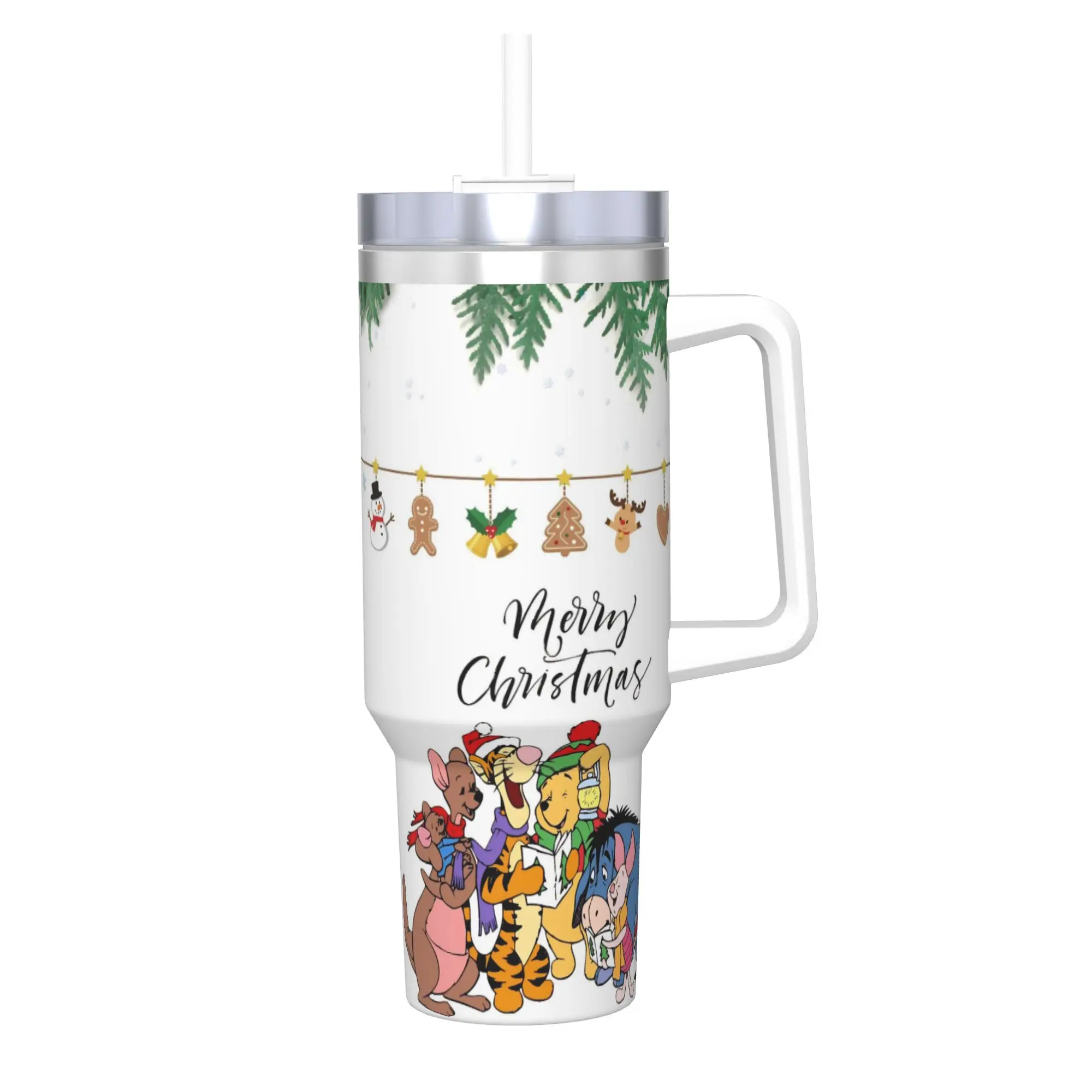 

40oz Winnie the Pooh Merry Christmas Vacuum Insulated Tumbler Cartoon with Straw Lid Mugs Stainless Steel Cup Car Print