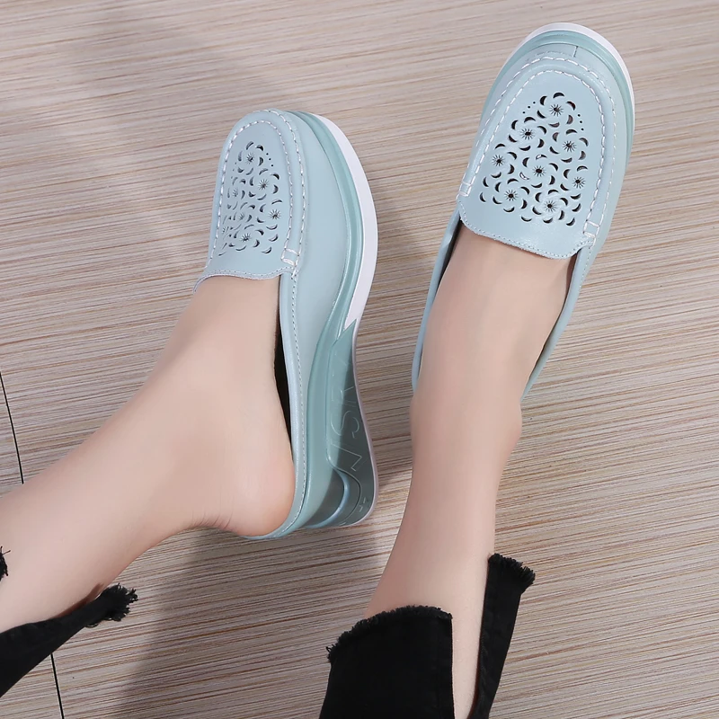 Women\'s shoes hollow single shoes leather thick soled elevating casual shoes platform shoes half drag flat waterproof platform