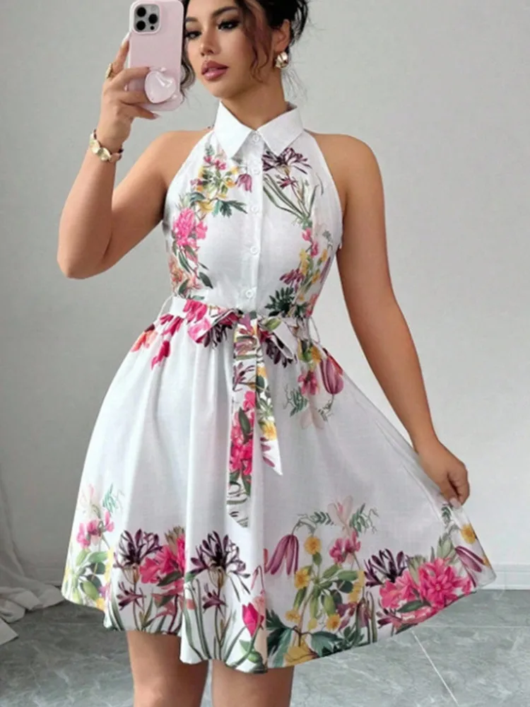 

SKMY Elegant Summer Sleeveless Printed Dress 2026 New Women Clothing Turn-Down Collar Single-Breasted A-Line Party Dress