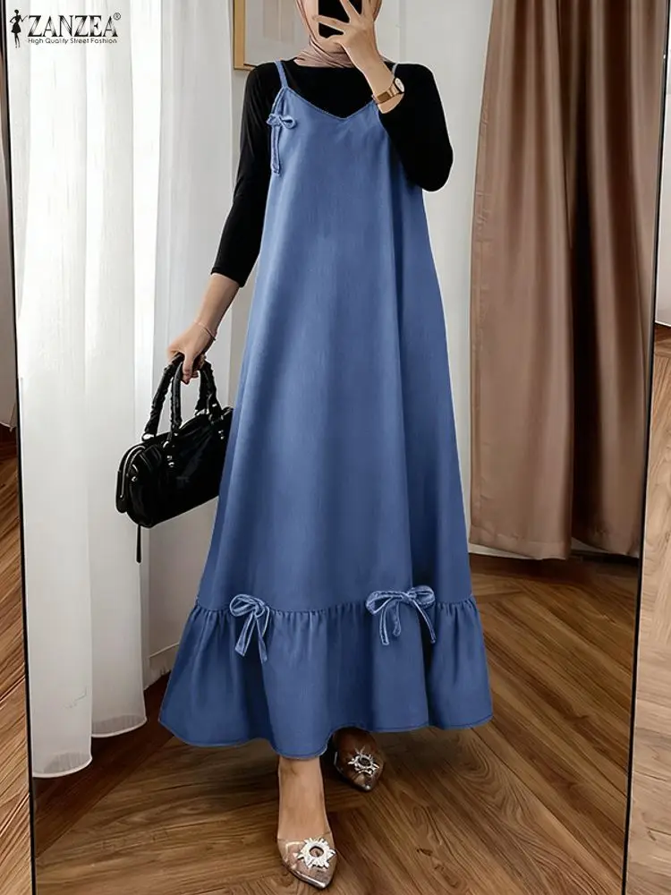 فستان خريف 2025 من ZANZEA عباية إسلامية فستان صيفي بدون أكمام من قماش الدنيم فستان صيفي أزرق رداء نسائي ملابس إسلامية