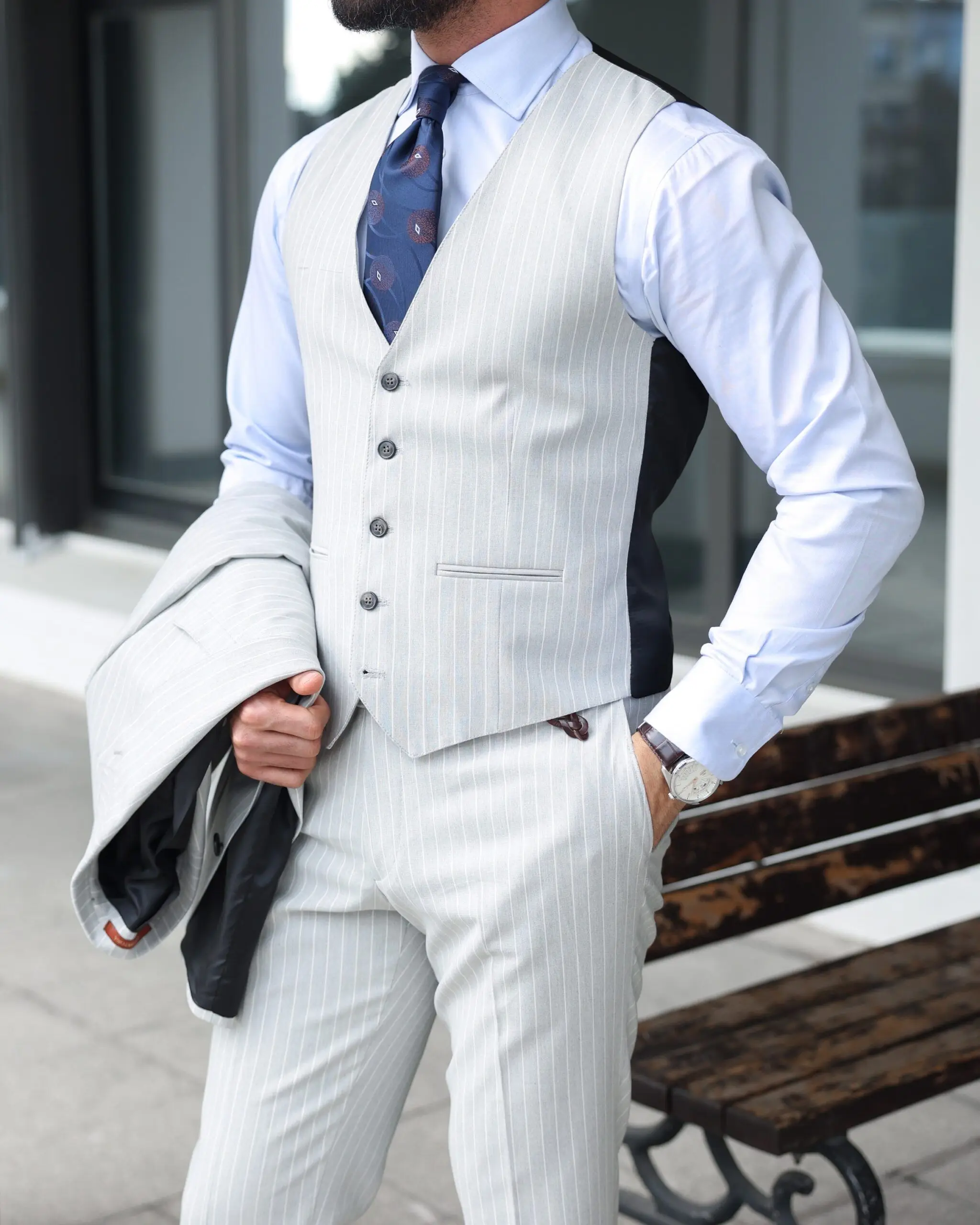 Elegant Men Suits Tuxedo Peaked Lapel Single Breasted Stripe Customized 3 Piece Blazer Vest Pants Tailored Formal Business