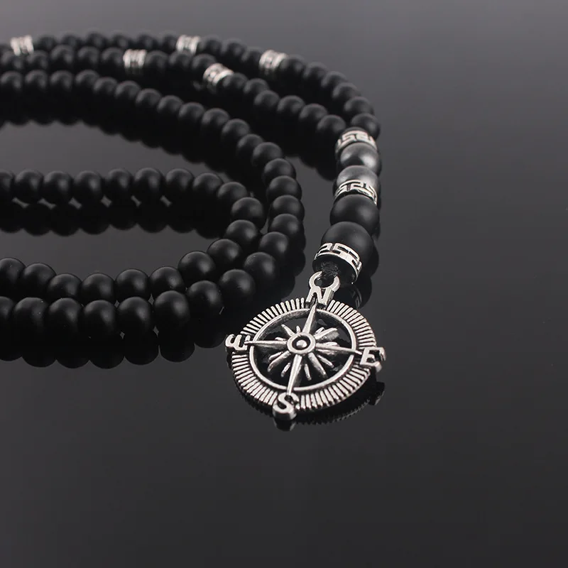 6mm Matte Black Obsidian Necklace with Compass Pendant for Men Handmade Jewelry