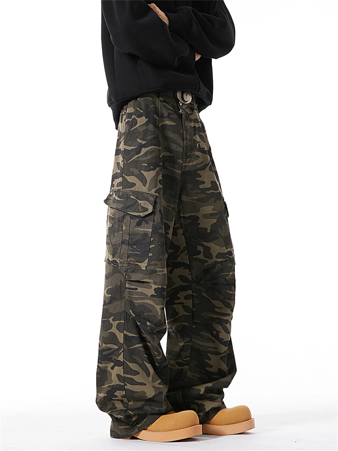 

American Style Camouflage Pleated Wide Leg Workwear Jeans Men's Trendy Vintage Washed Straight Tube Multi Pocket Paratrooper ...