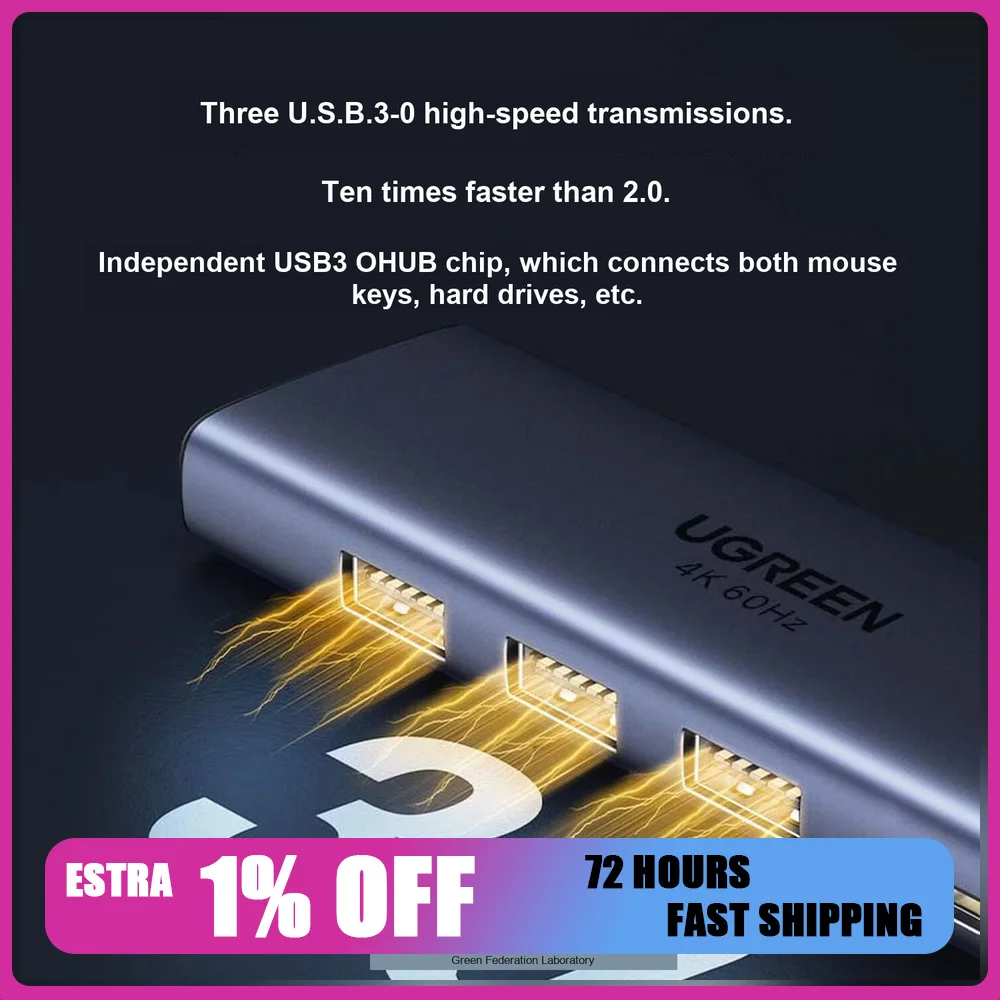 UGREEN 15597 USB C Hub 5 in 1 Docking Station 4K 60Hz HDMI 3 USB 3.0 PD 100W Type C Adapter
