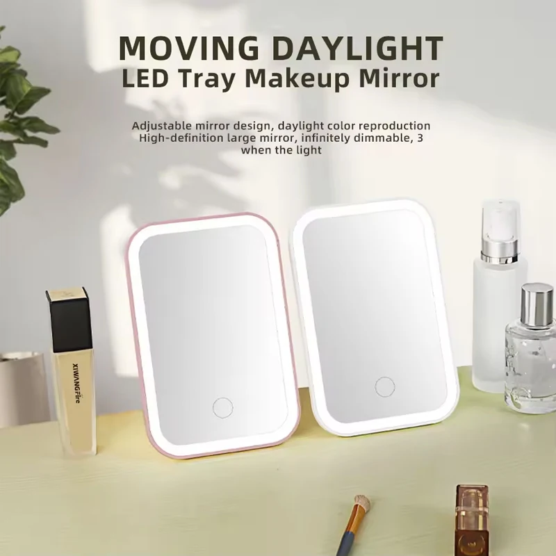 Espelho de Maquiagem com Tela Touch LED, Dobrável, Luz Regulável em 3 Cores, Espelho Cosmético Recarregável por USB, Espelho de Maquiagem Portátil
