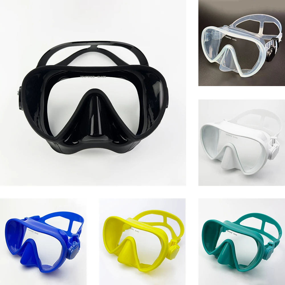 Image of Schnorchelmaske, Schwimmbrille, Tauchen, Silikonrock, gehärtetes Glas, Len, Weitsicht, Training mit Nasenschutz, verstellbarer Riemen