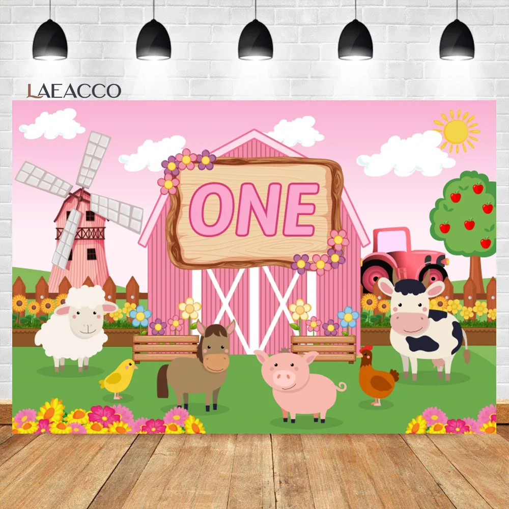 Laeacco Cartoon Bauernhof Geburtstag Hintergrund Rosa Scheune Nette Tiere Scarecrow Kinder Kind Portriat Angepasst Fotografie Hintergrund