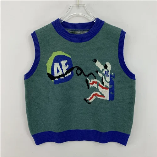 Vintage Oversized Knitted Sweater Vest Floral Color Blo Diamond Pattern Woolen Open Cardigan Women's Sweet Sle Spring Aut...