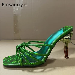 Gradient Color Flamingo Heel Sandals Women Sexy Laser Narrow Band Knot Slingbacks Summer Shoes For Girls