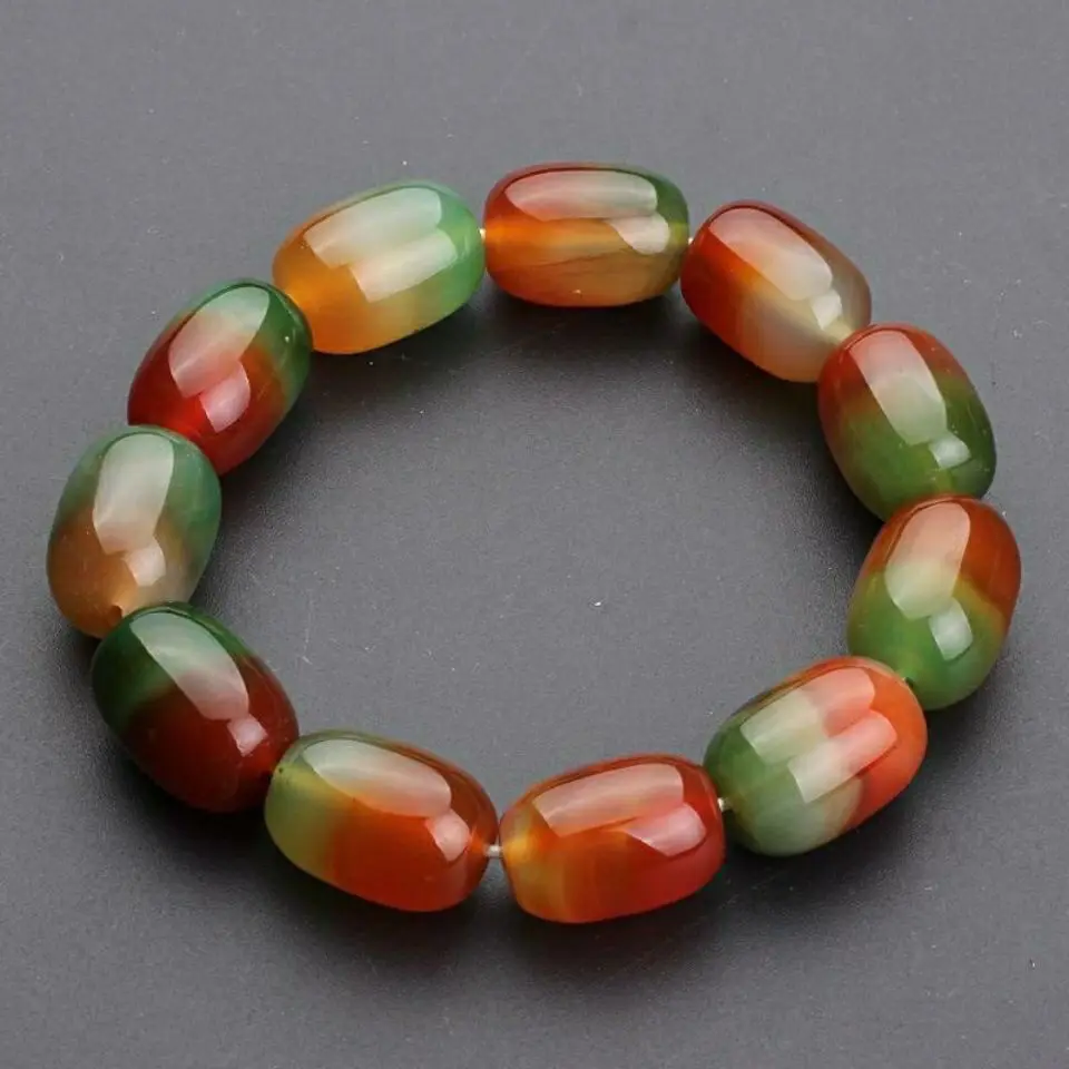 

Natural Colorful Agate Bracelet Men Women Healing Gemstone Fine Jewelry Genuine Peacock Agate Bracelets Barrel Beads Bangles