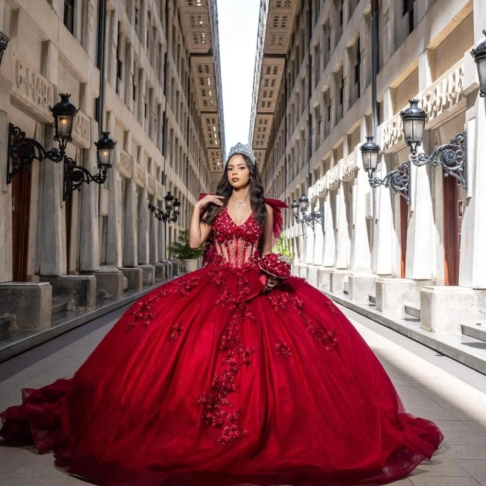 

Burgundy Quinceanera Dresses Ball Gown V-neck Floral Appliques Beaded Sweet 16 Dresses 15 Años Customized