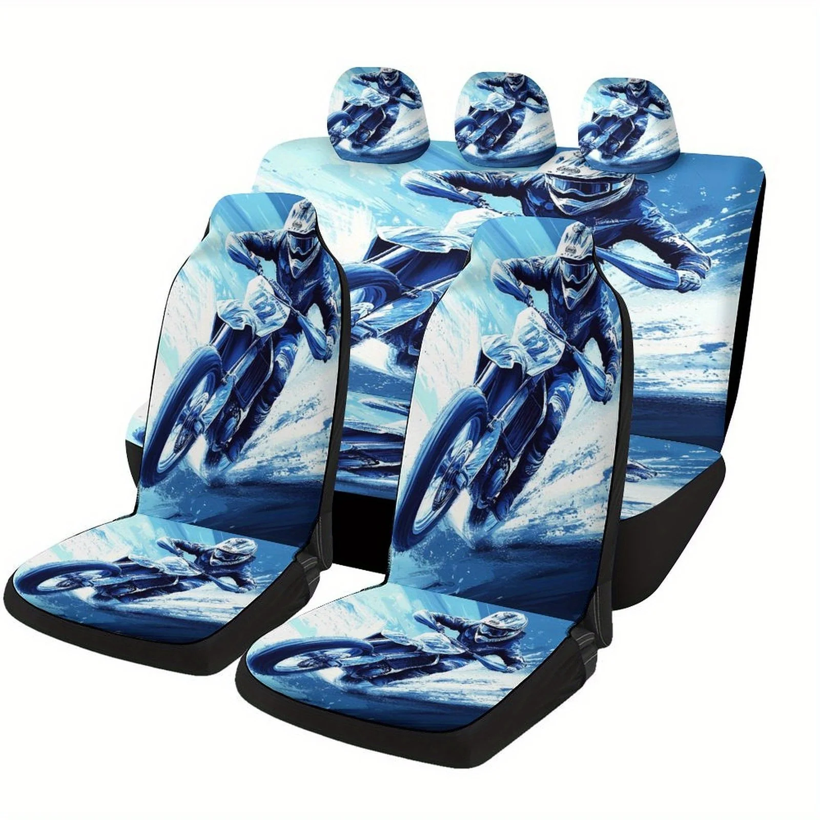 Snowmobile Racer Themed Car Seat Cover Set - Stylish Blue & White Design With Snowmobile Racer Illustration, Universal Fit For M