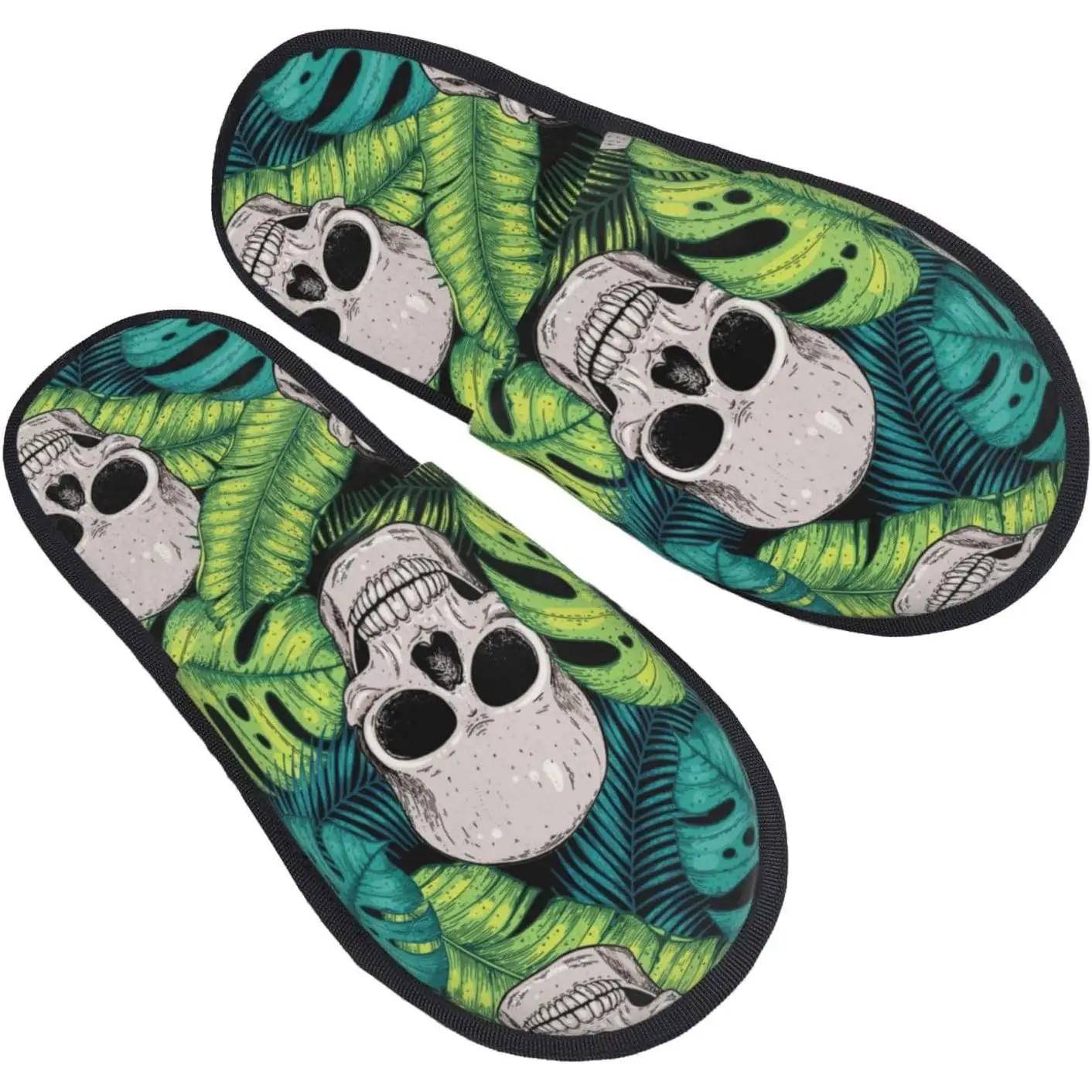 

Fuzzy Slippers Skull And Palm Leaves Warm Furry Slippers With Non Slip Winter Slip-On Indoor Outdoor Plush House Slippers