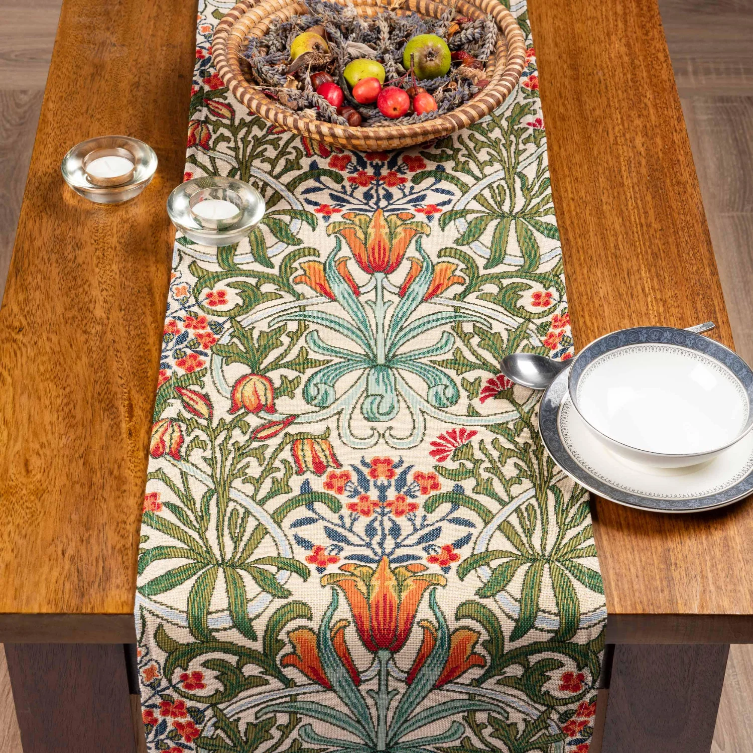 William Morris Woodland Weeds Tapestry Table Runner. Botanical Willow Tree Garden Inspired Design. Available in Two Sizes
