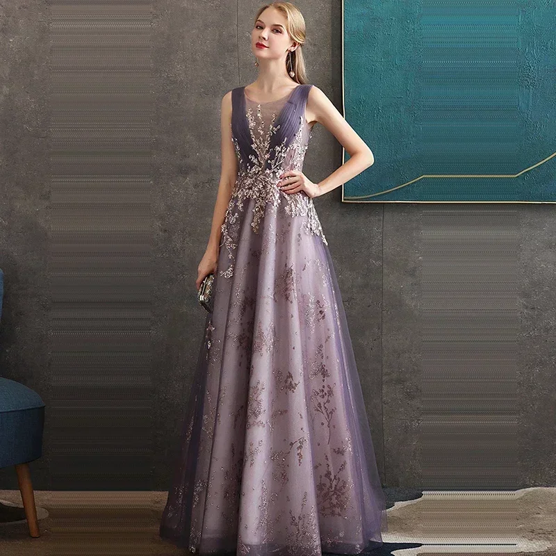 

It's Yiiya Customized Evening Dress Beads Purple O-Neck Sleeveless Lace up A-Line Floor Length Plus size Lady Party Formal Gown