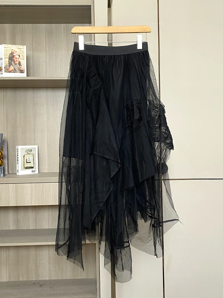 NEM Series 2026 Spring Dark Style Mesh Asymmetrical Semi-skirt Women's High Waist Polyester Fiber Casual A-Line Skirt