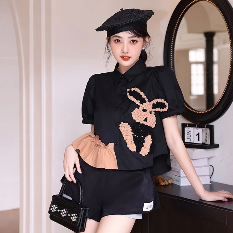 Streetwear Hooked 3D Rabbit Blouse Women Spring Summer Turn-down Collar Short Sleeve Ruffles Black Tops Shirts Blusas Mujer