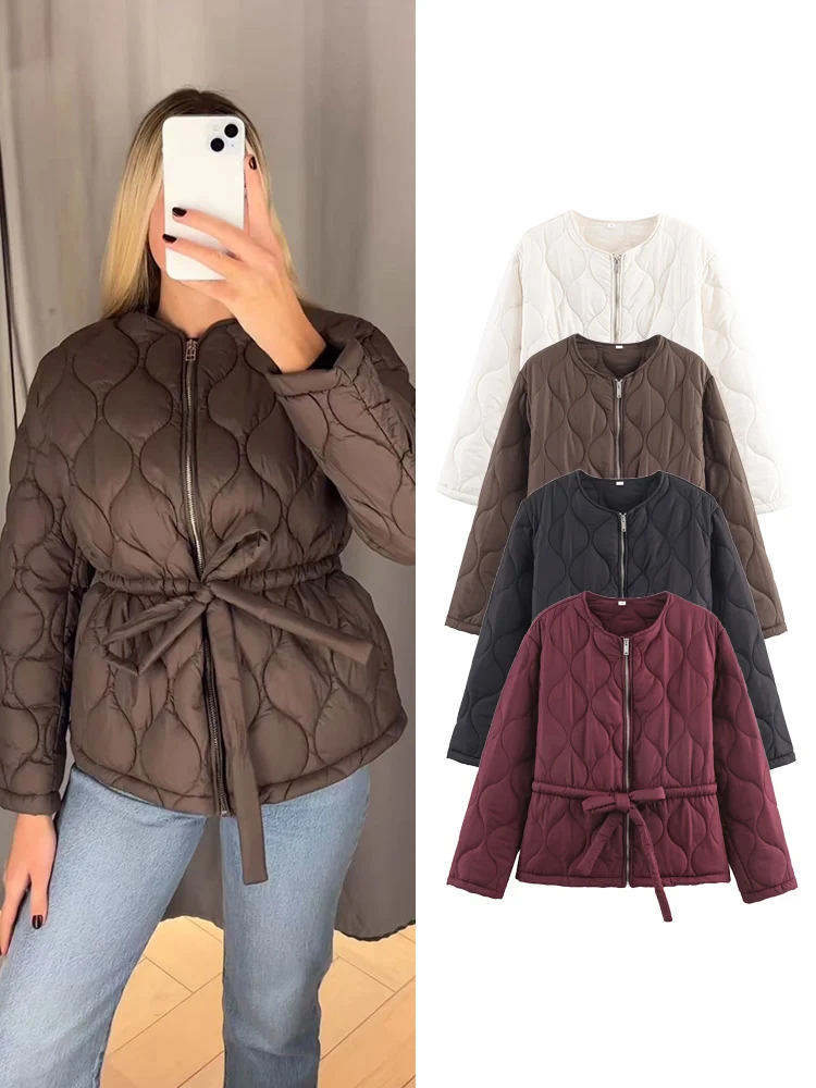 

﻿ TFMLN зимняя женская хлопковая куртка, теплые пальто с круглым вырезом, уличное пальто с длинными рукавами и карманами на молнии, новинка 2025, женская куртка на шнуровке