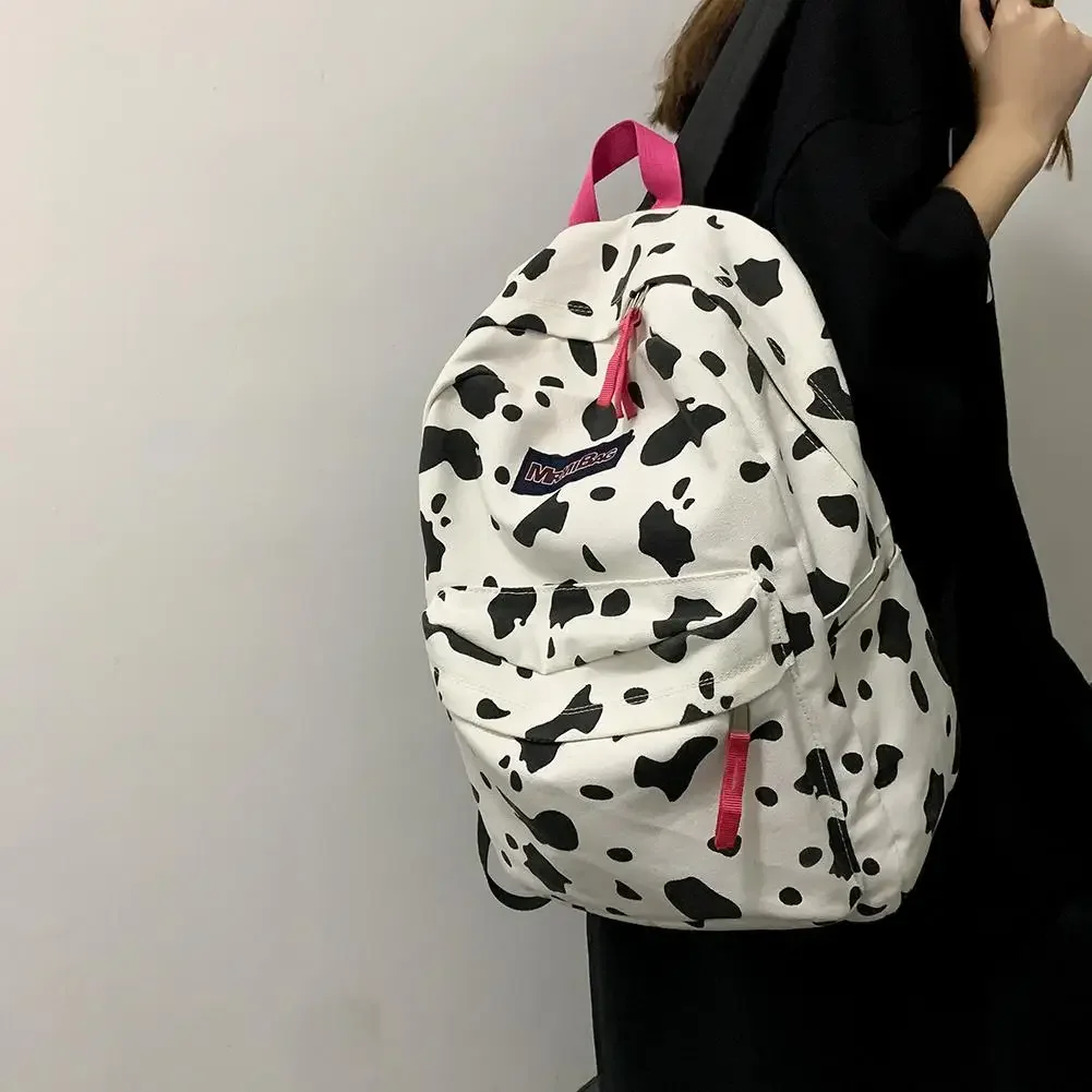 Women Canvas Zebra Cow Pattern Print Backpack Preppy Style Ladies Large Handbags Waterproof Campus Style Travel Rucksack