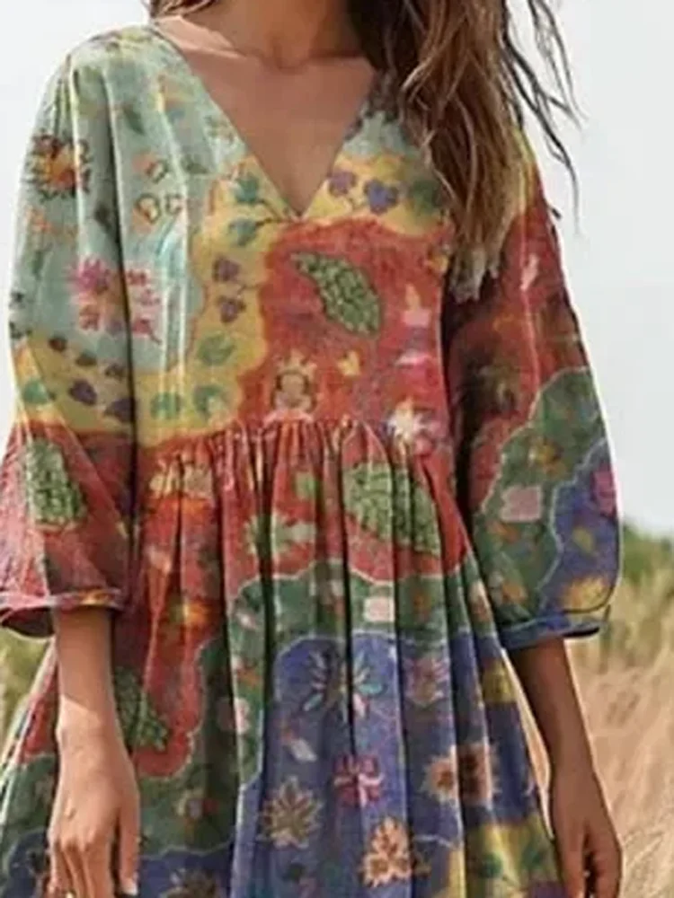 Abiti lunghi a pieghe larghe con stampa etnica vintage Donna Primavera scollo a V a vita alta Abito Boho Autunno Abito pullover femme con maniche a 3/4