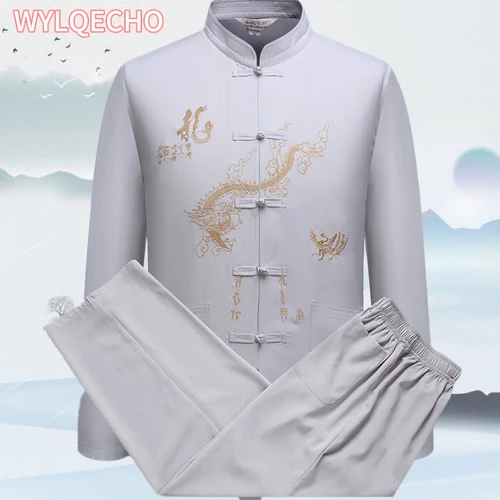 Imagen 2 del producto Traje chino de kungfú de algodón para hombre, uniforme bordado Wu Shu, ropa de Tai Chi, camisa de manga corta + pantalón M L XL XXL XXXL