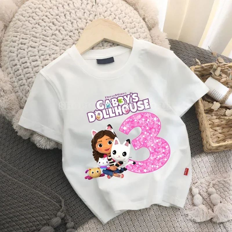 

Gabby Dollhouse T-Shirt Cute Cartoon Digital Baby Summer Pure Cotton Top Versatile Simple Children Pop Clothing Birthday Gift