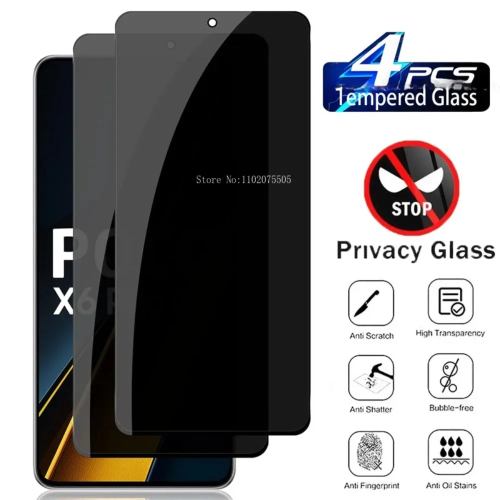 4Pcs 9H Anti Spy Screen Protector For Xiaomi POCO X6 Pro X5 X4 X3 Pro Tempered Glass For Xiaomi POCO F6 F5 F3 M6 M3 Pro Glass