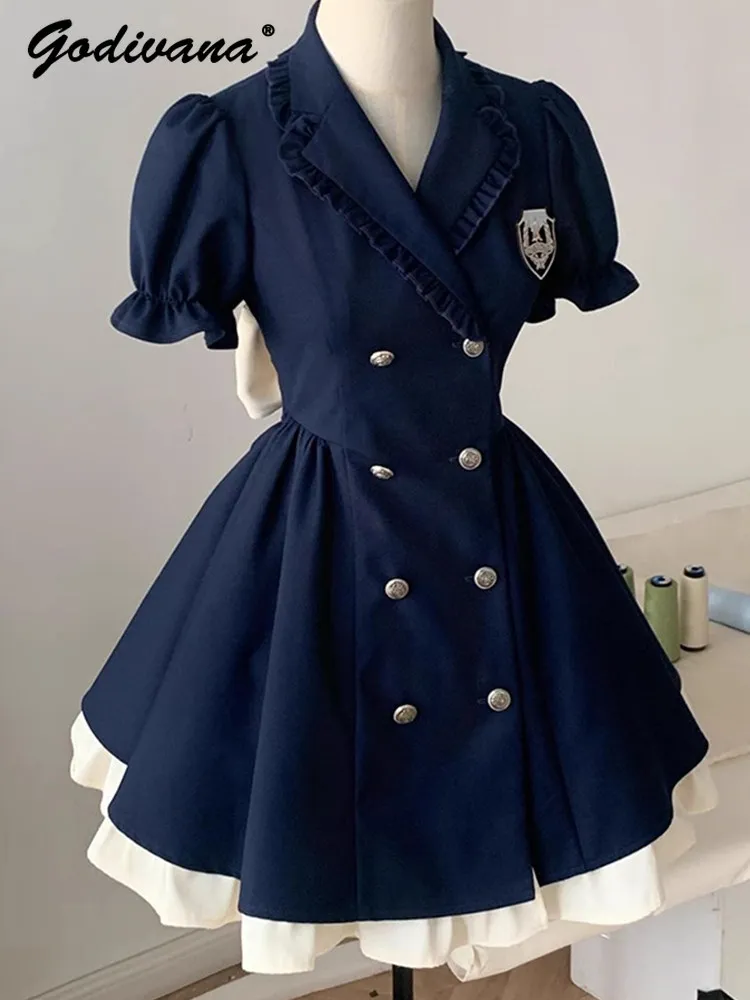 

Big Girls High End French Preppy Style Navy Blue Blazer Dress Kids Puff Sleeve Ruffle Trim Large Back Bow Party Princess Dresses