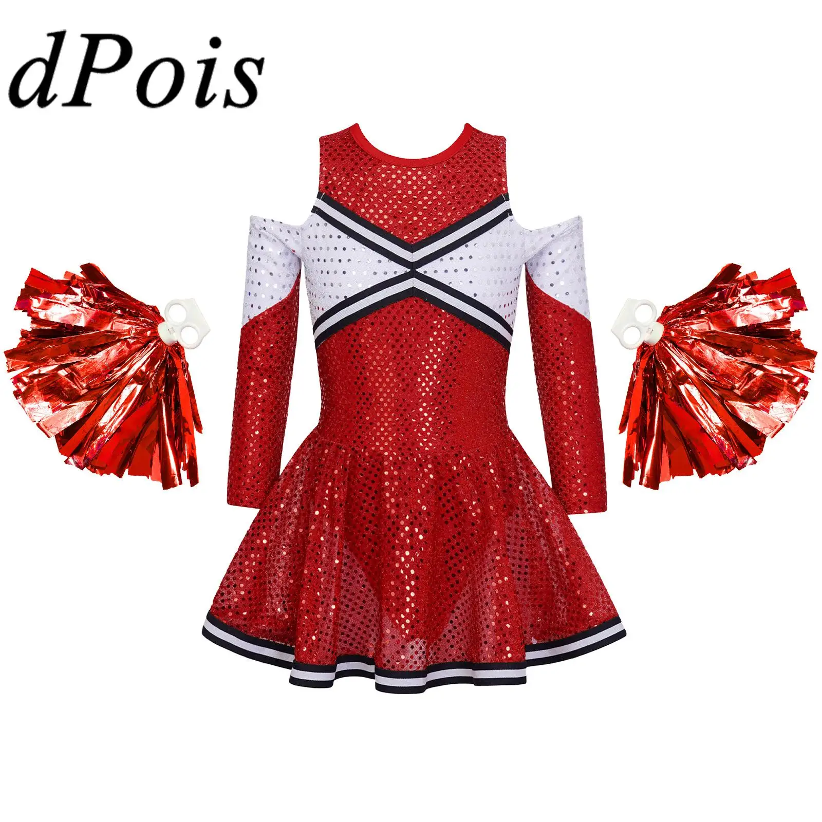 

Kids Cosplay Cheerleader Costume Long Sleeve Sequined Dress with Tassel Flower Balls Schoolgirls Cheerleading Uniforms Dancewear