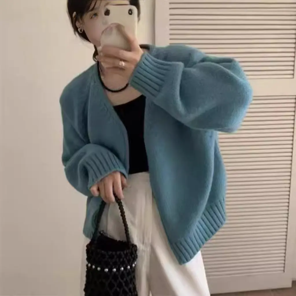 

Женская ранняя весна, вязаная куртка с v-образным вырезом и двойной молнией, повседневная толстая трикотажная одежда с длинными рукавами, простой свежий стиль