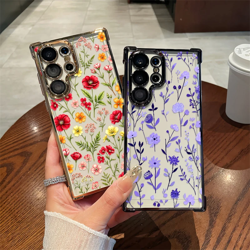 Watercolor Flower Pattern Phone Case For Samsung Galaxy S26 Ultra S25 FE Edge S24 Plus Drop Resistant Transparent TPU Cover Capa