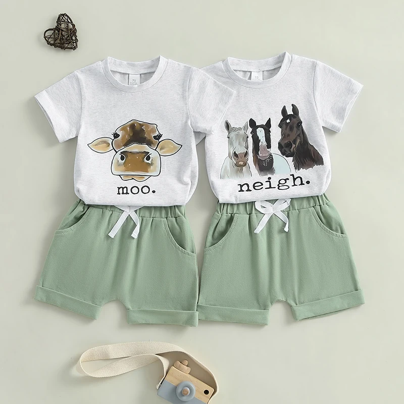 Infant Baby Boys Summer Outfits Cow/Horse Head Print Short Sleeves T-Shirt and Rolled Hem Shorts Set for 2 Piece Clothes Set