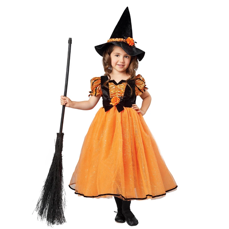 Fantasia de Bruxa para Meninas no Halloween, Vestido de Tule Laranja para Performance e Role-playing, Roupa Infantil, Conjunto Combinando para Pais e 