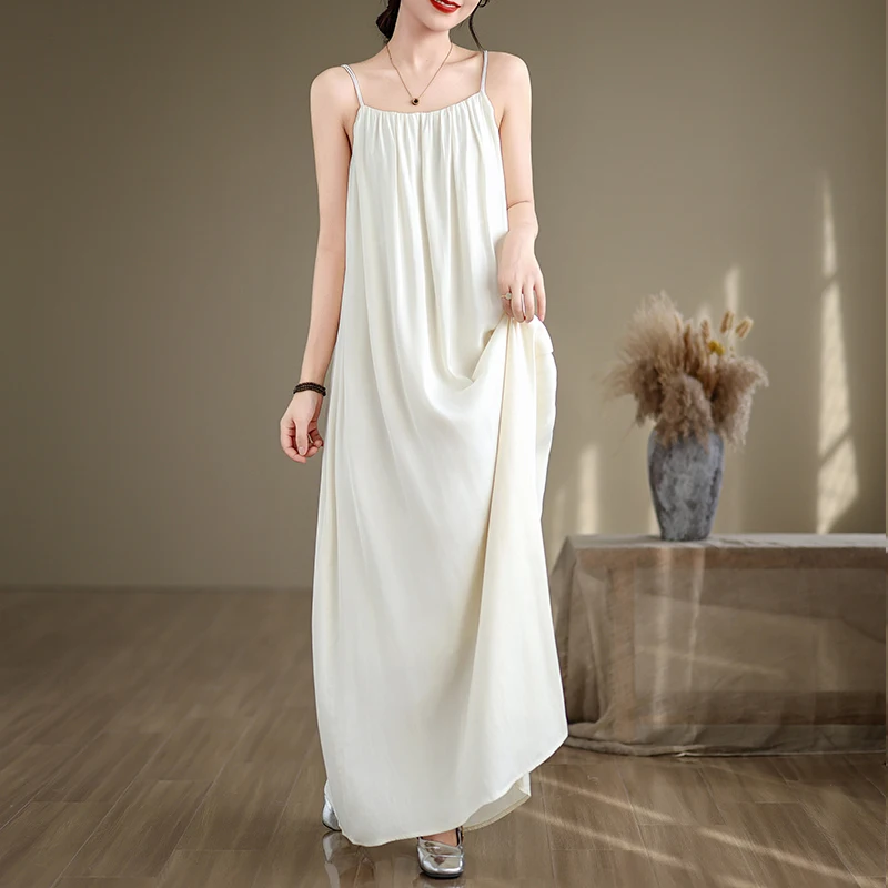 صيف جديد أبيض ثنيات طويلة حمالة الدكتور سترة الدكتور السفر التصوير مطوي Ele تنورة طويلة ألف خط ثوب القطن #3