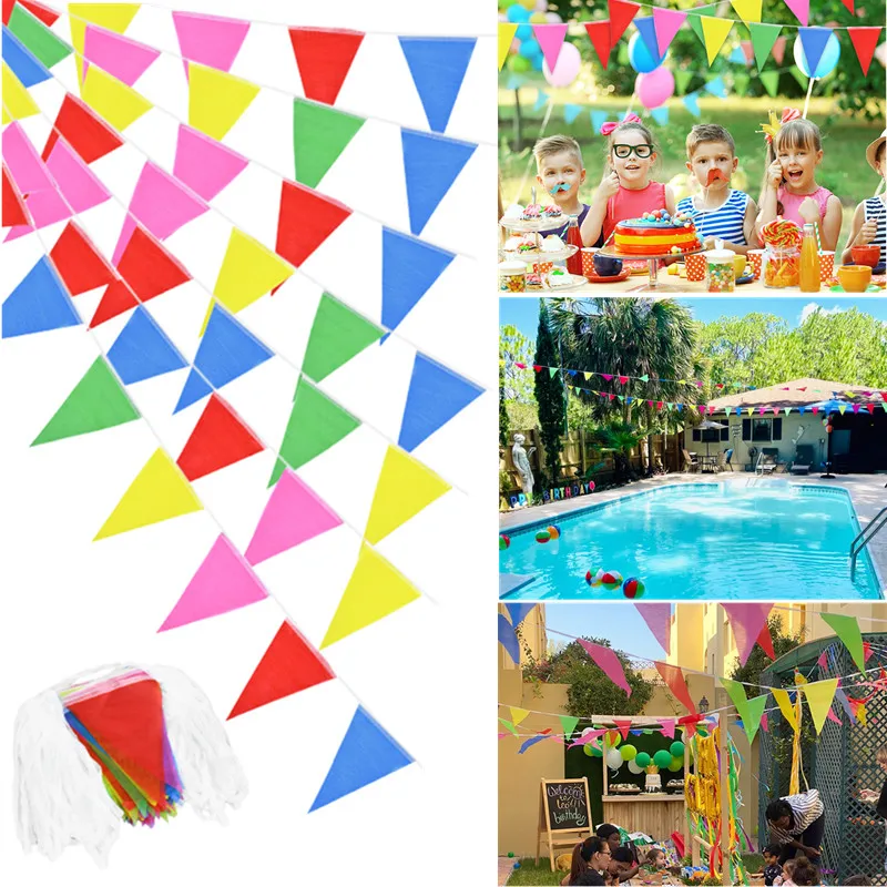 

50M Multicolor Triangle Flags 100Pcs Hanging Flag Bunting Banner Pennant Festival Wedding Outdoor Decors Birthday Party Supplies