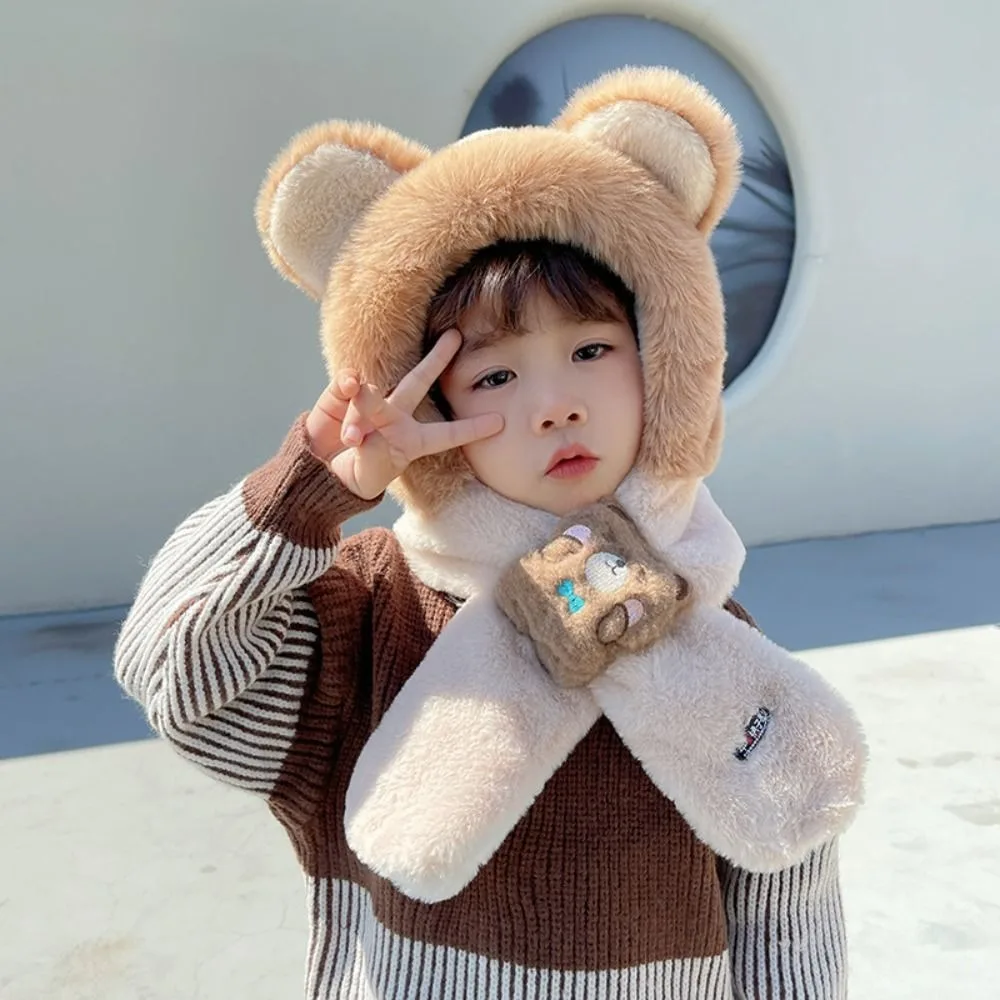 

Solid Color Bear Plush Hat With Mask&Scarf Fashion Design Children Fleece Hat Korean Style Muffler Plush Hat with Scarf Baby