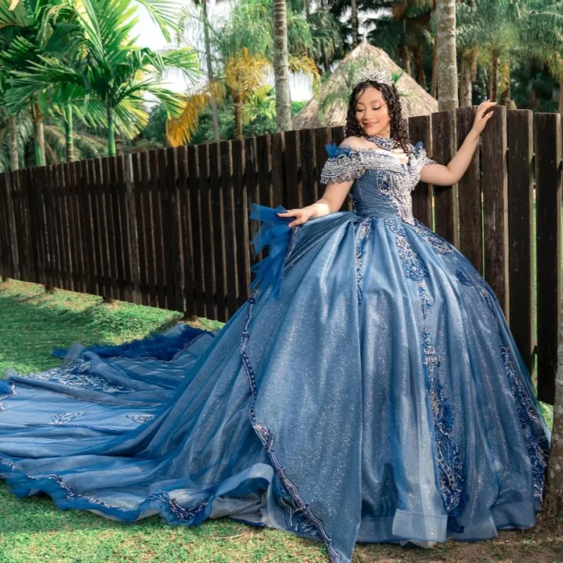

Blue Quinceanera Dresses Off the Shoulder Glitter Crystal Lace Decal Layering Long tail Bow Vestidoe 15 Quinceanera Customiz