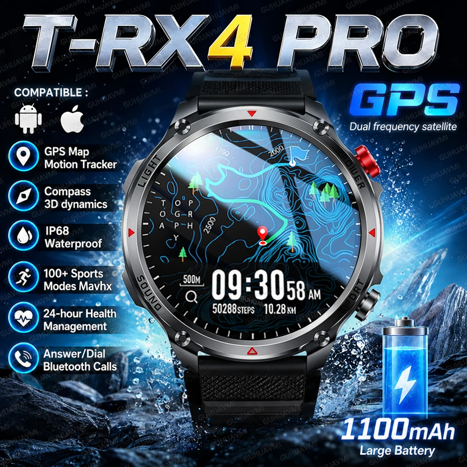 Newly Durable 1100mAh Large Battery Smart Watch Men 1.7" AMOLED HD Screen IP68K Waterproof LED Compass Sport Call Smart Bracelet