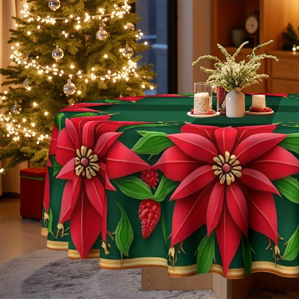 Christmas-themed single table cover decorated with festive Christmas flowers and plaid design