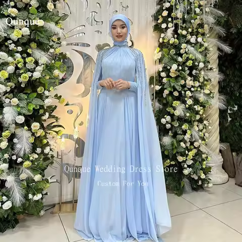 Qunque Customized Muslim Evening Dress Arabic Women Beads Long Cape Sleeves Chiffon High Neck Formal Occasion Dress Prom Gowns