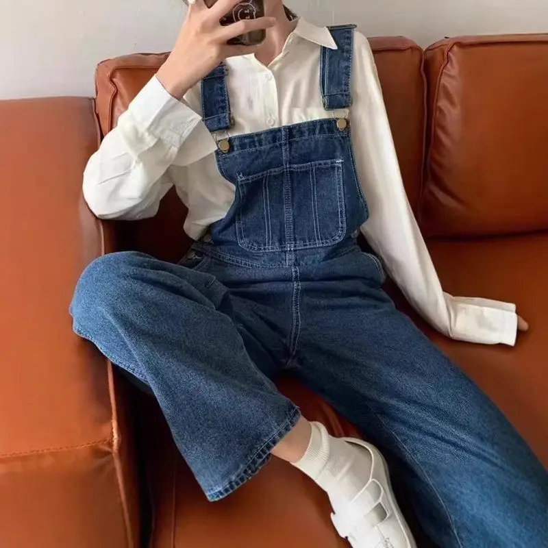 

Faionable Slimming Denim Overalls Women's High Waist Long Pants Loose Fit Korean Sle Vintage Trendy Spring Collection