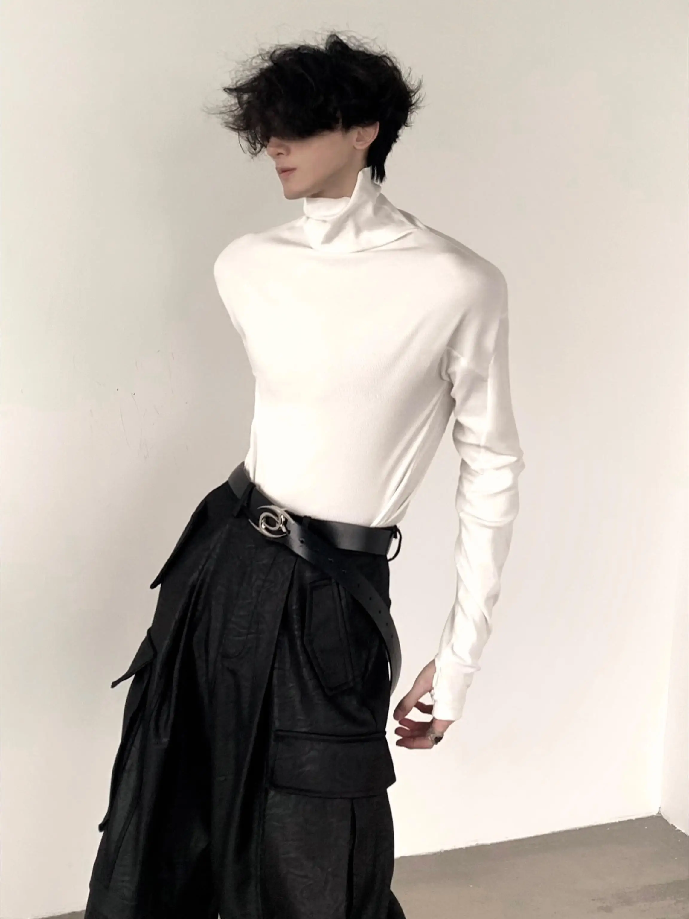 Autumn Mountain Style Men's Long Sleeve High Collar Base Shirt Slim Fit Shape Black White Inner Wear T-Shirt  Brand