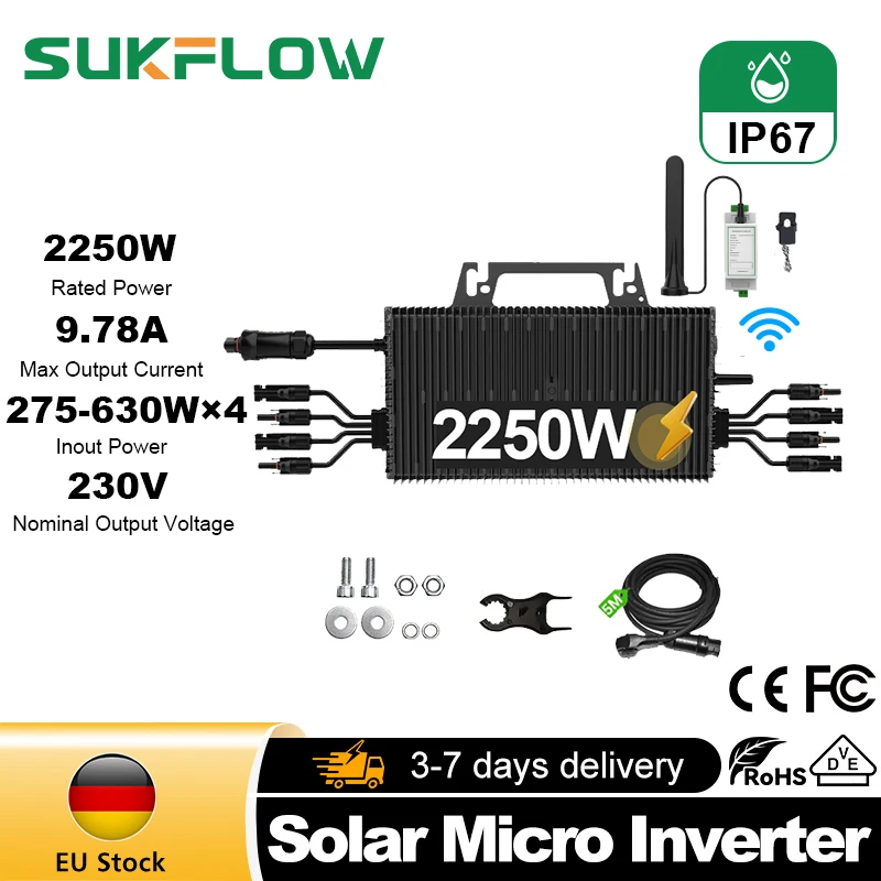 2250W Zero-Export-Mikrowechselrichter MPPT WiFi-Überwachung IP67 Wasserdicht 230VAC EU-Stecker für Balkon-Solarpanelsystem