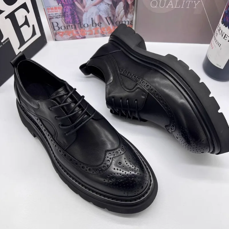 Luxury Fashion Men Oxford Shoes Genuine Leather Thick Sole Lace-Up Brogues British Business Dress Shoes Youth Wedding Shoes