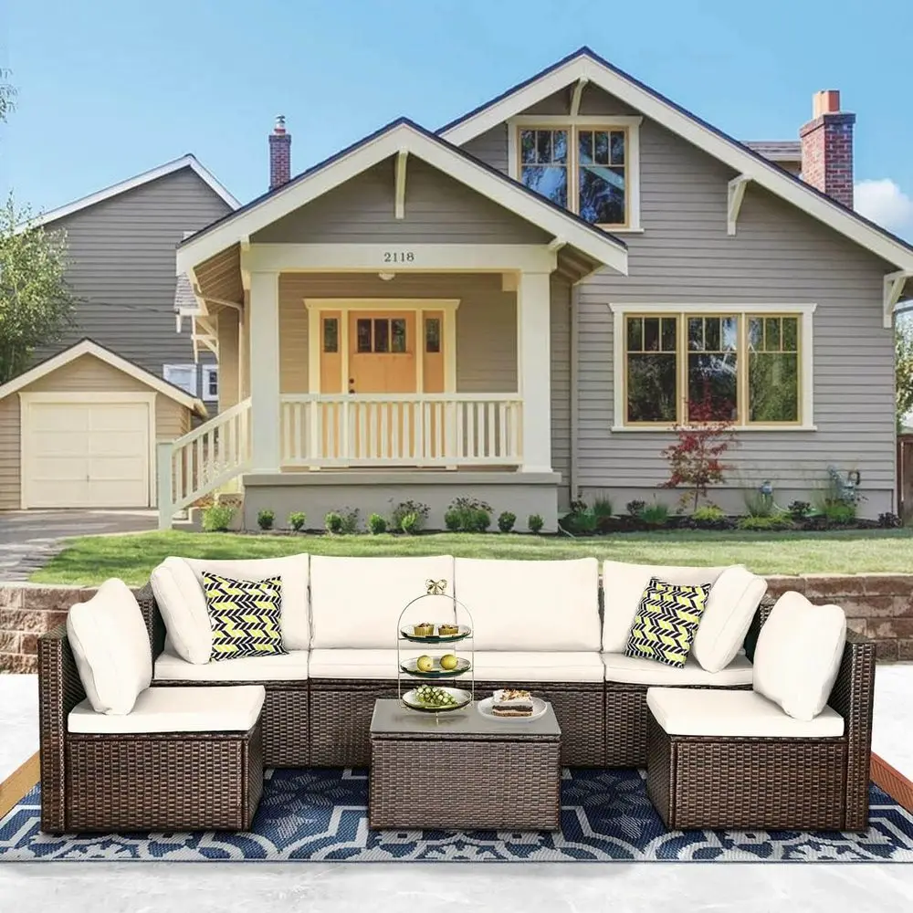 

7-Piece Outdoor Wicker Sectional Patio Furniture Set with Sofa, Coffee Table, and Khaki Cushions for Backyard, Porch, Balcony, o