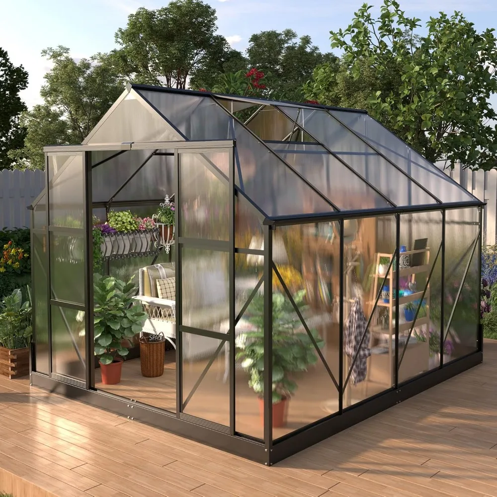 Polycarbonate Greenhouse, 2 Sliding Doors 2 Vent Window, Storage Shed Sunroom Aluminum Large Hot House, 8x10x7.5 FT