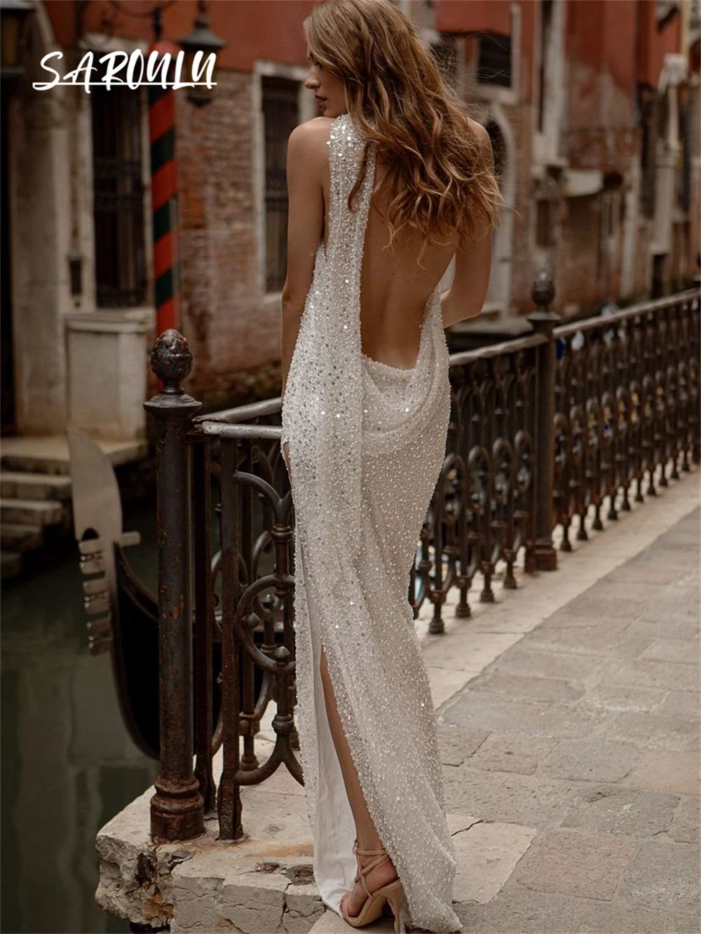 Abito da sposa Sinny sexy con scollo all'americana per donna 2025, abiti da sposa tubino con paillettes senza maniche, ballo di fine anno