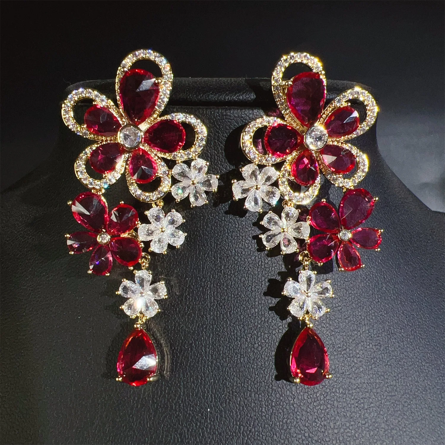 

luxury shiny jewelry cubic zirconia large flower earrings blue red bride wedding evening party anniversary gift