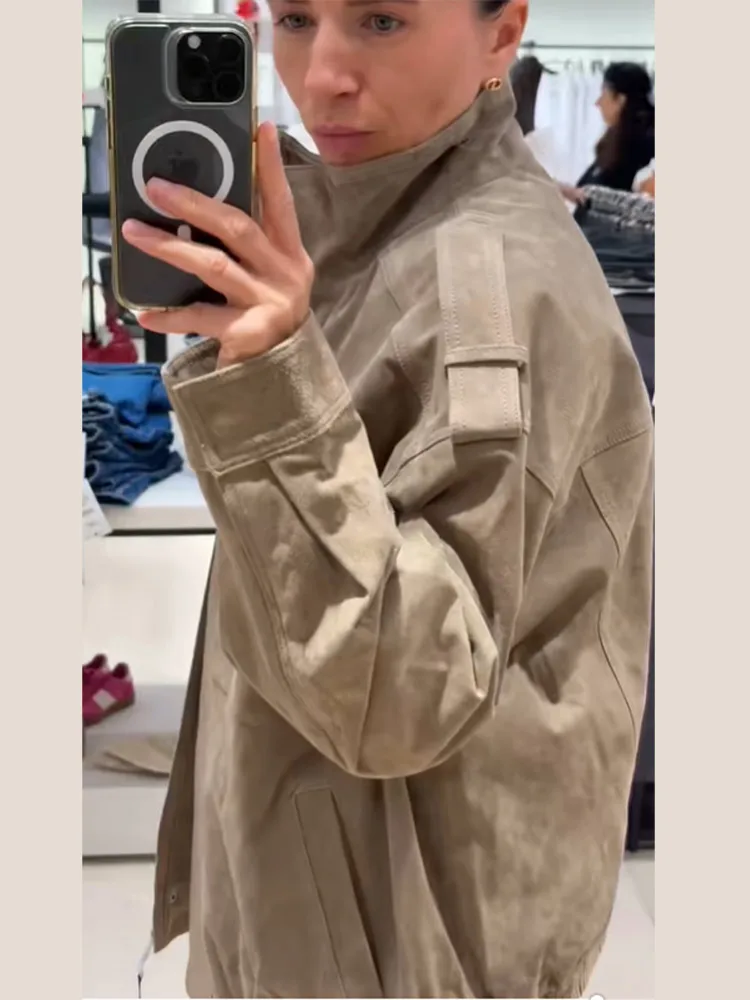 Outono inverno chique jaqueta de camurça falsa para mulheres gola manga cheia casaco com zíper bolso outwears 2025 novo feminino streetwears